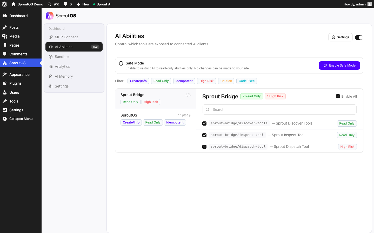 SproutOS AI Abilities tab showing 152 total abilities, Safe Mode toggle, and per-ability risk labels including Read Only, Idempotent, Create/Info, Caution, High Risk, and Code Exec