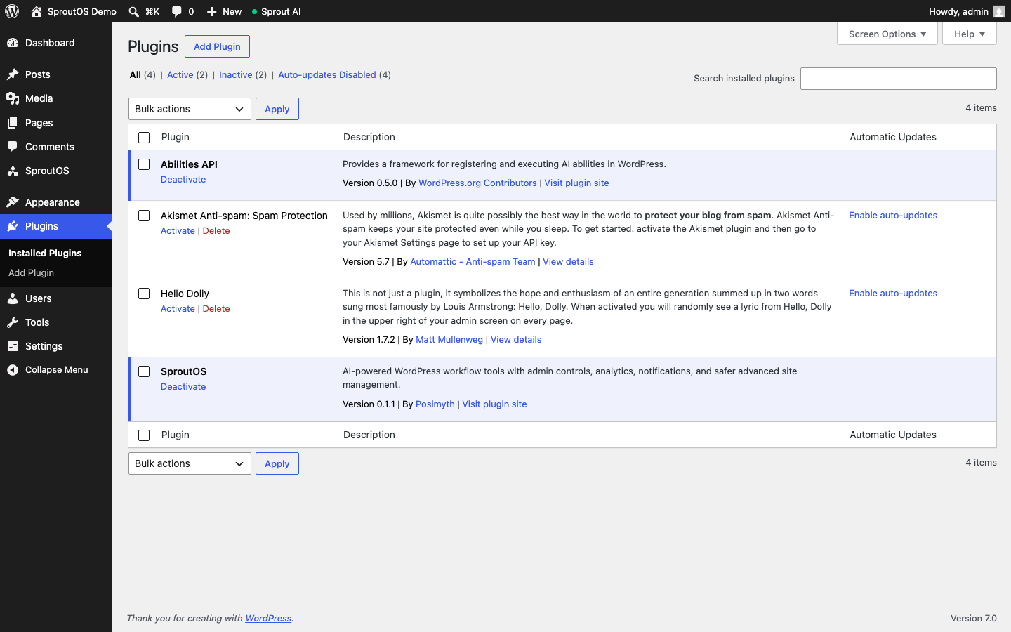WordPress admin Plugins page showing the Abilities API plugin (v0.5.0) and SproutOS plugin (v0.1.1) both active in a fresh WordPress 7.0 Docker container