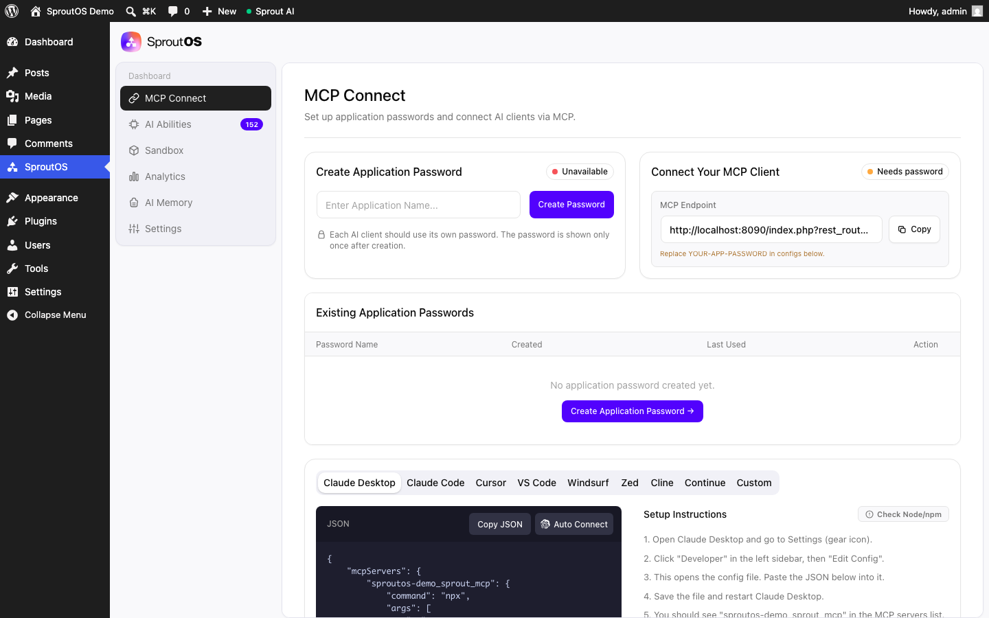 SproutOS WordPress admin MCP Connect tab showing application password creator, MCP endpoint URL, and configuration tabs for Claude Desktop, Claude Code, Cursor, VS Code, Windsurf, Zed, Cline, Continue, and Custom MCP clients