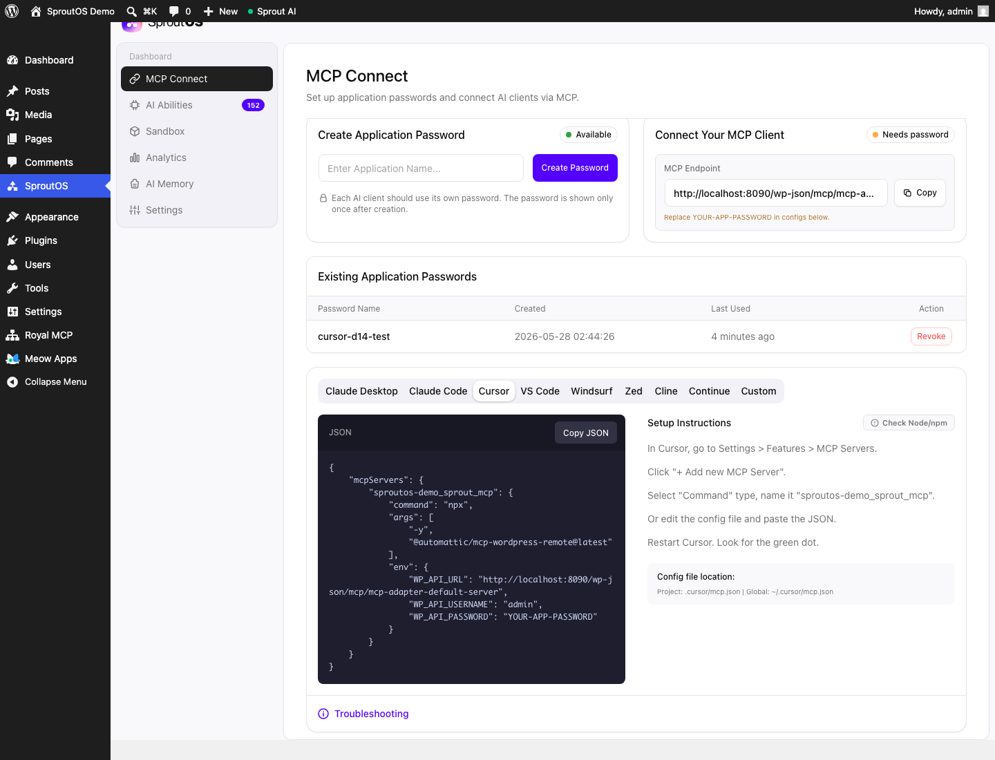SproutOS MCP Connect tab with the Cursor sub-tab active, showing the JSON config for ~/.cursor/mcp.json and Cursor-specific setup instructions including Settings ><button
			class=