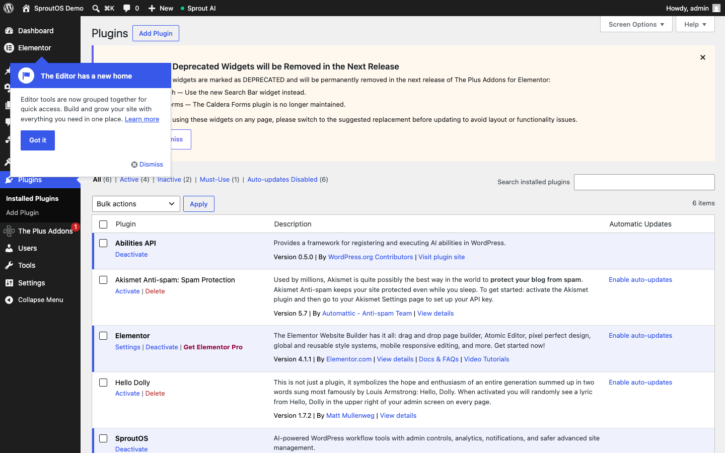 WordPress 7.0 admin Plugins page showing 4 active plugins: Abilities API 0.5.0, Elementor 4.1.1, SproutOS 0.1.1, and The Plus Addons for Elementor 6.4.16