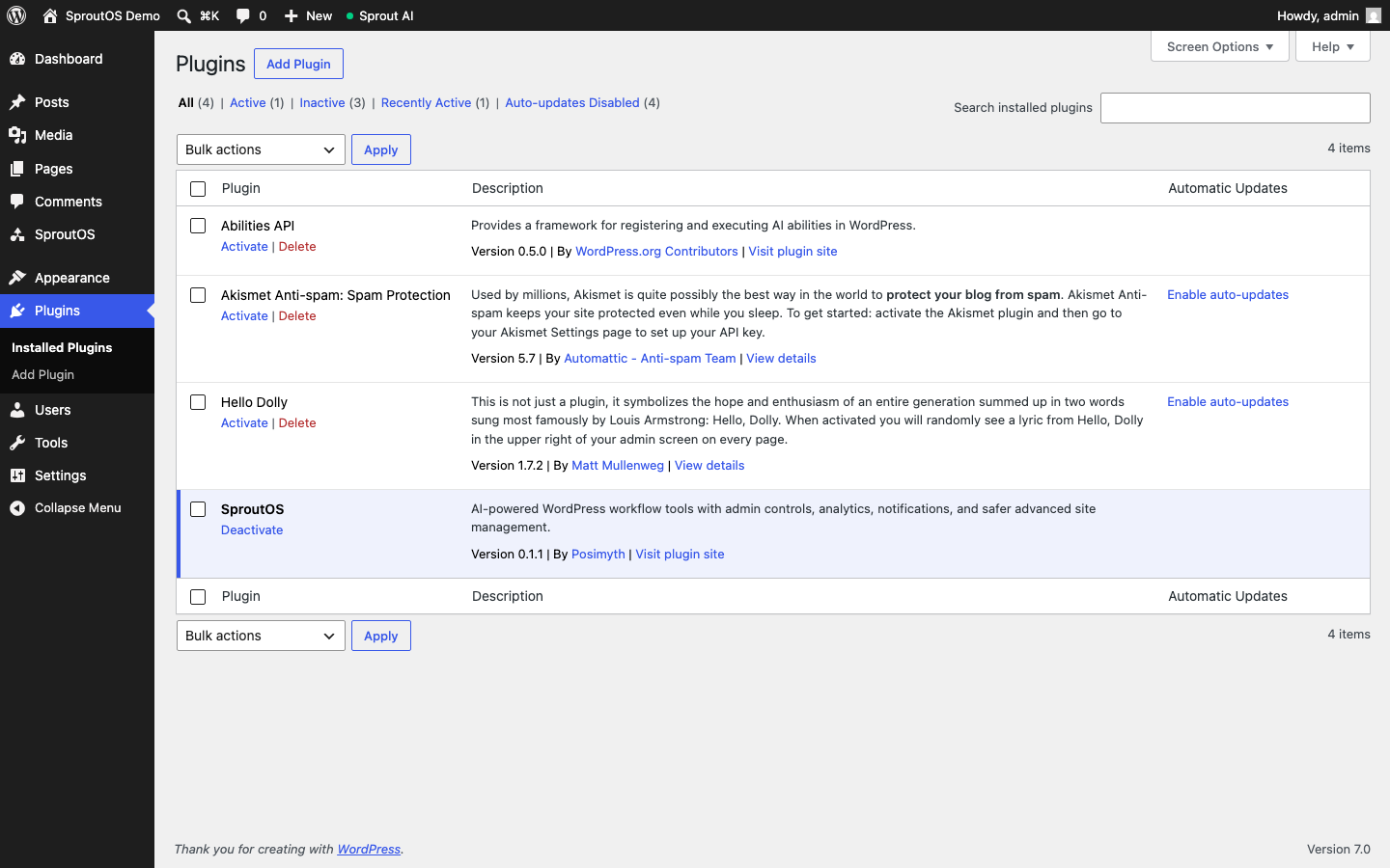 WordPress admin Plugins page showing the Abilities API plugin in the inactive state with Activate and Delete links while SproutOS v0.1.1 is highlighted as active above it