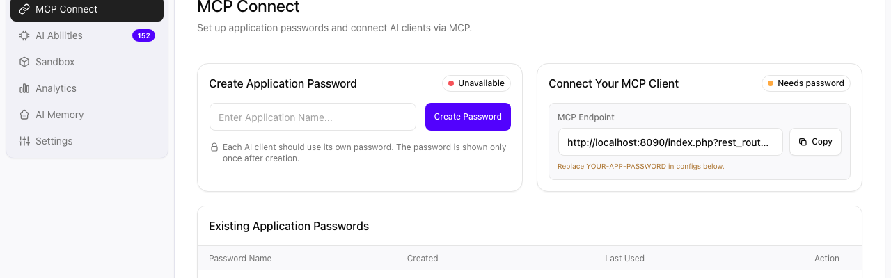 SproutOS MCP Connect tab showing red Unavailable badge next to Create Application Password and yellow Needs password warning next to Connect Your MCP Client on a fresh HTTP-only WordPress Docker install