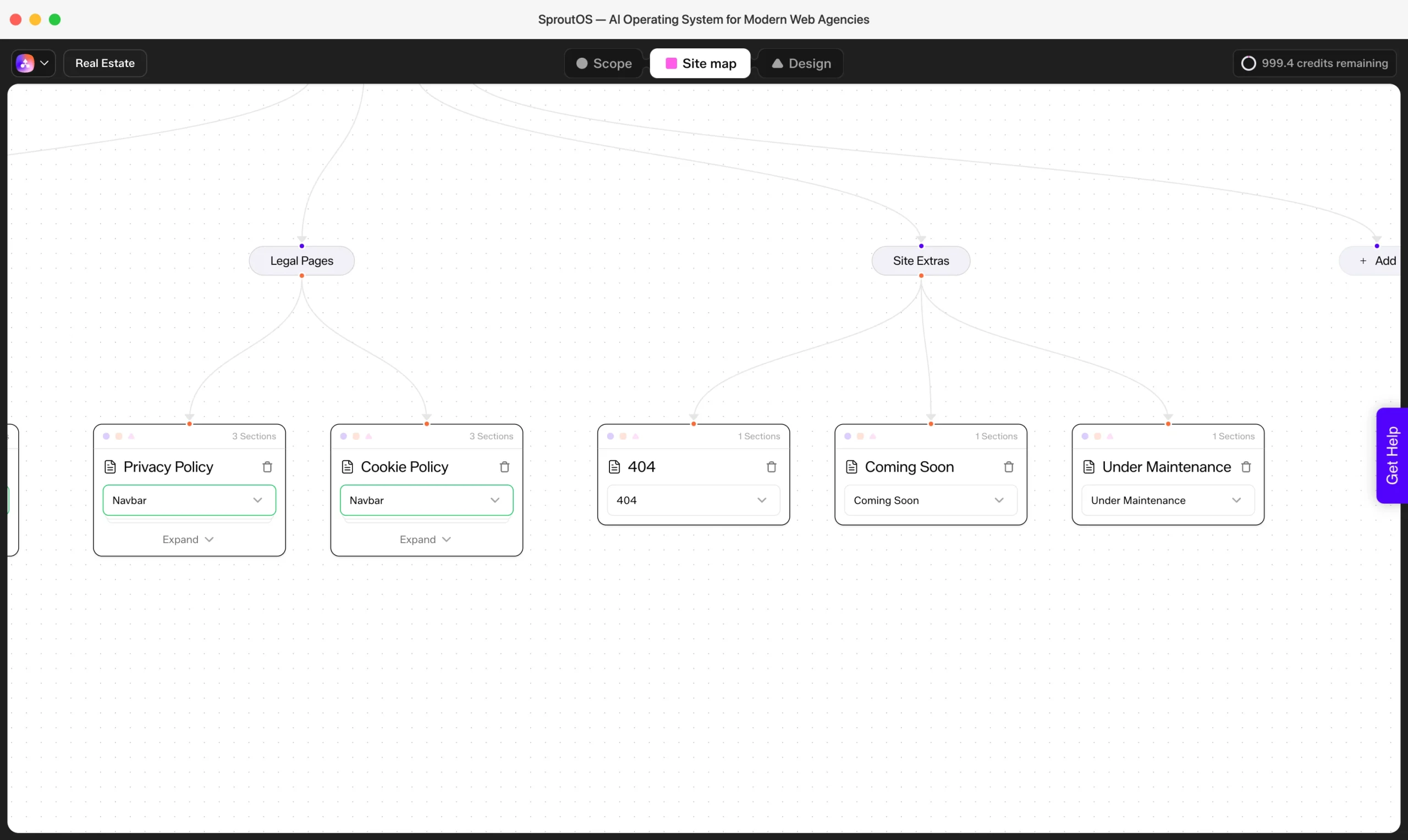 A screenshot of the SproutOS AI Operating System sitemap view for a Real Estate website project, showing the Site Extras and Legal Pages sections of the site structure. The Legal Pages branch includes Privacy Policy and Cookie Policy pages, each with 3 sections and a Navbar component. The Site Extras branch displays utility pages including a 404 error page, Coming Soon page, and Under Maintenance page, each containing 1 section with their respective template components selected via dropdown menus.
